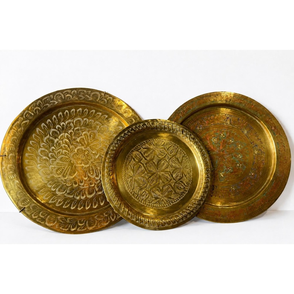 Set of 3 Vintage Hand Etched Brass Wall Hanging Charger Plates India Boho Decor